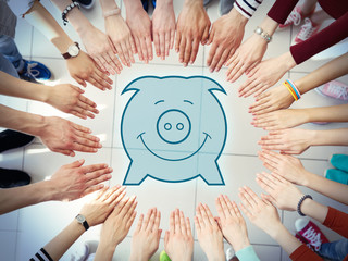 Poster - Group of people hands together and virtual piggy bank