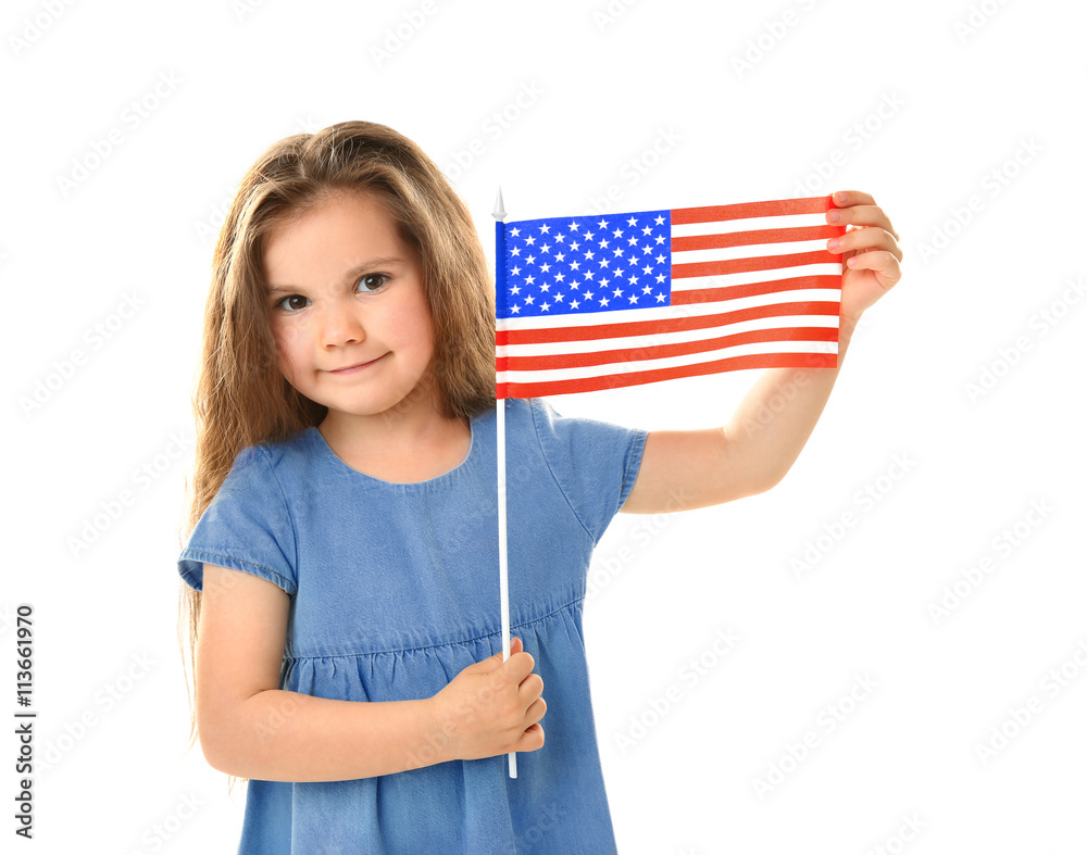 Little girl and American flag, isolated on white