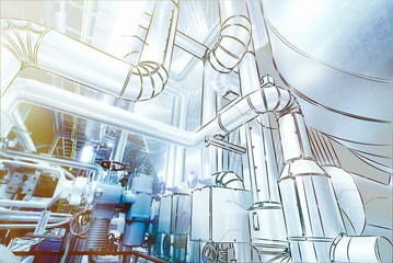 Illustration of Equipment, cables and piping inside power plant