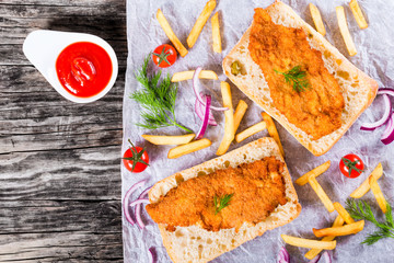 Poster - sandwich with ciabatta and Bread Crumb Coated fried pork chop