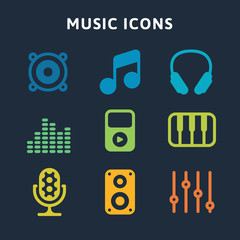 Music and sound icons set. Audio equalizer, note musical and microphone. Vector illustration