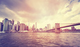 Fototapeta  - Vintage stylized Manhattan skyline with Brooklyn Bridge.