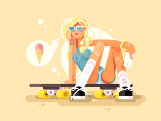 Girl skateboarding design flat