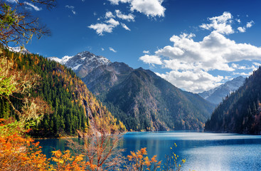 Sticker - Beautiful view of the Long Lake among mountains and fall woods