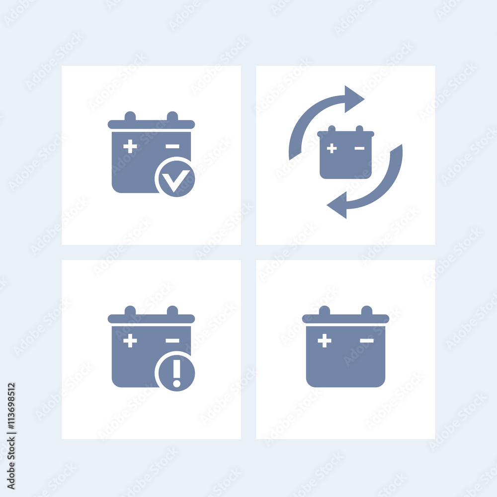 Battery icons, battery replacement, warning pictogram isolated on white ...