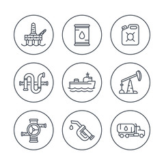 Sticker - Petroleum industry line icons, oil rig, derrick, pipeline, barrel, drilling platform, oil tanker, petrol can, vector illustration