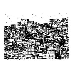 favela, brazilian slum in rio de janeiro, brazil. vector freehand pencil sketch.