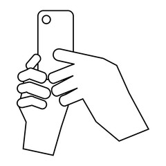 Wall Mural - Hands holding cell phone icon, outline style