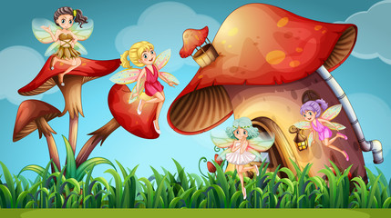 Wall Mural - Fairies flying in the mushroom garden