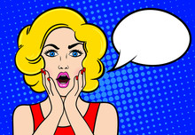 Pop Art Surprised Blond Woman With Open Mouth On A Blue Vintage Background. Vector Illustration With Bubble For Text