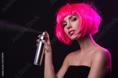 Naklejka - mata magnetyczna na lodówkę Potrait of young woman with pink hair