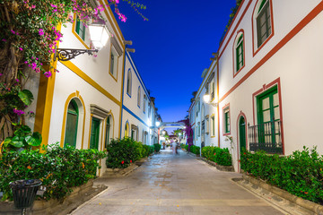  Architecture of Puerto de Mogan at night, a small fishing port on Gran Canaria, Spain.