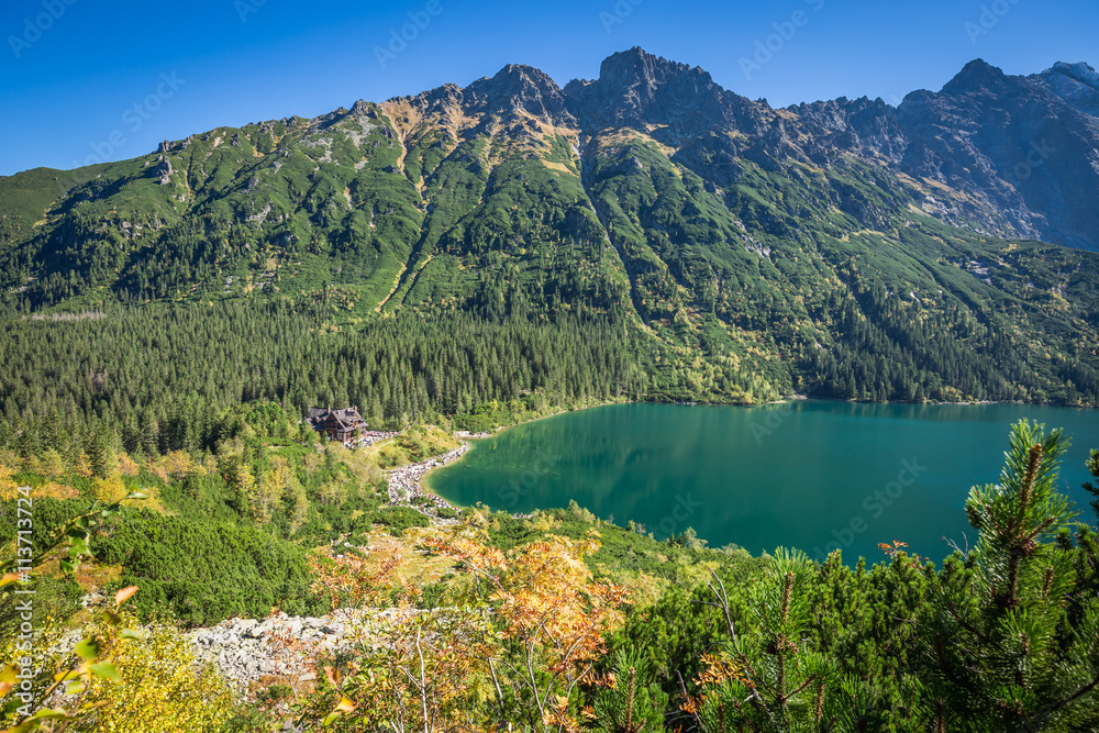 Landscape of mountain lake Morskie Oko near Zakopane, Tatra Moun - obrazy, fototapety, plakaty 