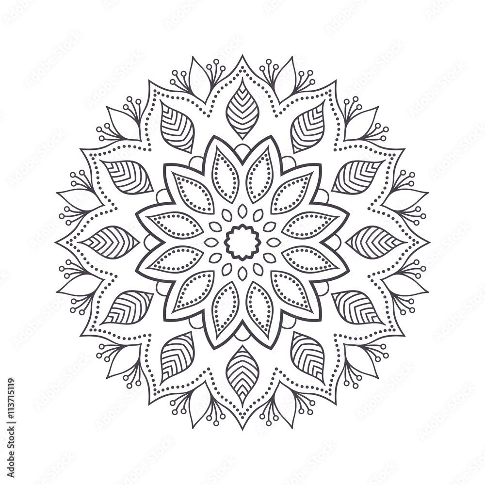 Hand drawn flower mandala for coloring book. Black and white ethnic ...