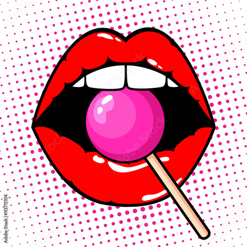 Woman Red Lips With Lollipop On Pop Art Background Vector