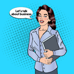 Wall Mural - Confident Business Woman with Documents. Pop Art. Vector illustration