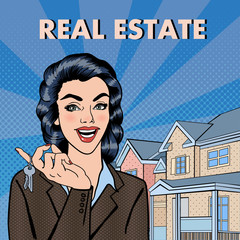 Woman Real Estate Agent Holding Keys from New House. Pop Art. Vector illustration