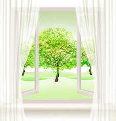 Aufkleber - Summer background with an open window and green trees. Vector.
