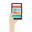 © Gstudio - humand hand holding black smartphone with colorful squares and stripes on the screen over isolated background, vector illustration