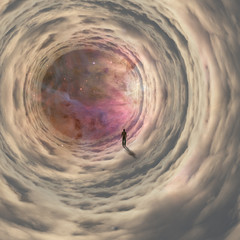 Wall Mural - Man walking in cloudy space tunnel