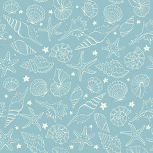 Seamless Background From Hand Drawn Sea Shells And Stars. Marine Illustration Of Shellfish. 