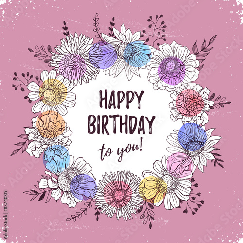 Happy Birthday Retro Poster Greeting Card With Flowers Hand Drawn In Vintage Style Decorative Doodle Frame From Flowers And Doodle Branches With Birthday Text Buy This Stock Vector And Explore Similar