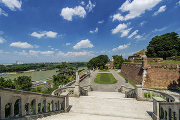 Old fortress wall and confluence of two rivers