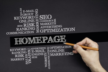 Wall Mural - Hand with a white pencil writing: Homepage word cloud