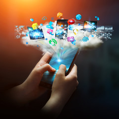 Aufkleber - Businesswoman connected tech devices and icons applications with