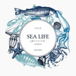 Vector Sea life design. Mussels, fish, crab, starfish, squid, jellyfish, lobster sketch. Hand drawn sea life illustration. Vintage template. Wedding design elements