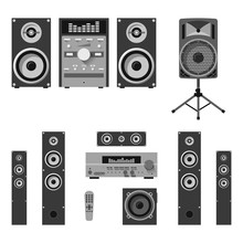 Vector set of audio and music systems icons. Loudspeakers isolated on white background.