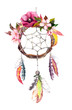 Dream catcher - feathers, leaves, flowers. Autumn watercolor, boho style