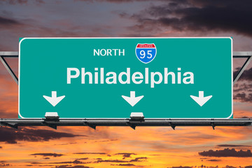 Wall Mural - Interstate 95 Nouth to Philadelphia Highway Sign with Sunrise Sky