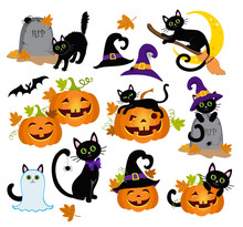 Halloween Kitty Cats And Funny Pumpkins. Vector Illustration.