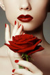 © looking2thesky - Beauty fashion model woman face. Portrait with red rose flower