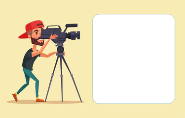 Cameraman with movie camera. Vector flat cartoon illustration