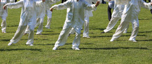 Fans Of Martial Arts Tai Chi With White Silk Dress During The Co