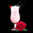 strawberry cocktail, with a cherry on the glass and a red rose on a black background