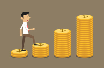 
Businessman start up to climbing the stairs of coins bar graph. vector character illustration of financial and business concept.