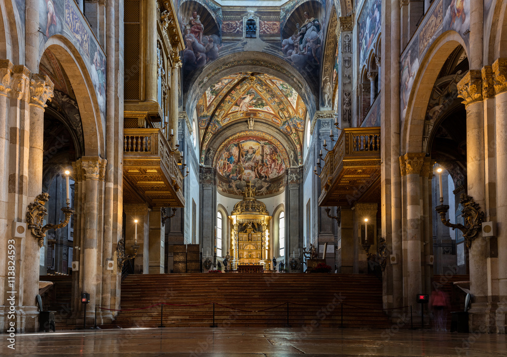 12th-century Romanesque Parma cathedral filled with Renaissance art. Its ceiling fresco by Correggio is considered a masterpiece of Renaissance fresco work. - obrazy, fototapety, plakaty 
