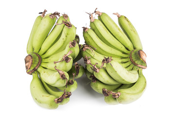 Two bunches of sweet organic green banana on white background