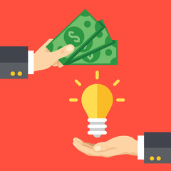 Poster - Hand holds money, hand holds lightbulb. Buy idea, investing in innovation, modern technology business concept. Modern flat design vector illustration