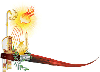 Sacrament of Confirmation, symbolic vector drawing illustration, with the holy olive oil and olive branch, a bishop's pastoral staff and mitre, a dove - symbol of the Holy Spirit.