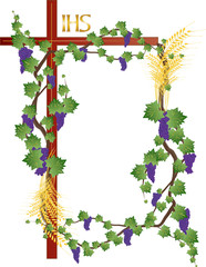 Wall Mural - Eucharist symbols of bread and wine, wheat ears, grapes and vine on a cross. FIrst communion christian color vector illustration.