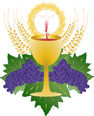 Wall Mural - Eucharist symbols of bread and wine, chalice and bleeding host with wheat ears and grapes vine. FIrst communion christian color vector illustration.