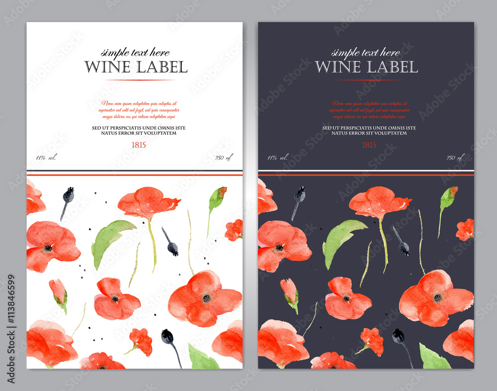 Wine label with watercolor red poppy. Vector template. - obrazy, fototapety, plakaty 