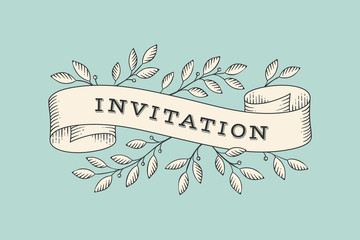 Canvas Print - greeting card with inscription invitation. old vintage ribbon banners with leaves and drawing in eng