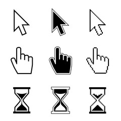Poster - pixel cursor pointer, hand, arrow, hourglass, click, press vector icons. cursor symbol, hand arrow c