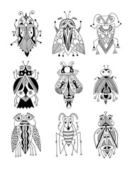 Poster - black and white handmade liner drawing of ethnic beetle in flat 