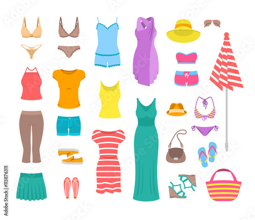 Summer female outfit flat vector icons. Women clothes and accessories ...